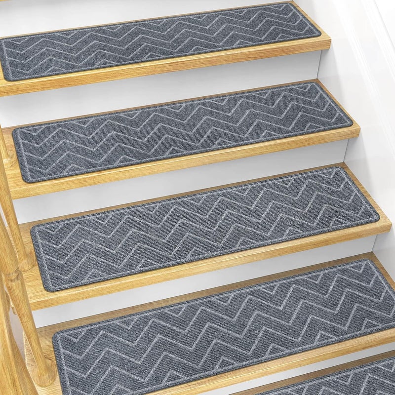 DK177 Stair Treads for Wooden Steps, 15 Pack 8"x30" Non-Slip Indoor Carpet Stair Treads with Reusable Polyester TPE Backing for Kids Elders and Pets (Dark Gray, 15PCS) - Image 1